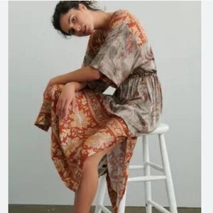 Tiny Orsina Anthropologie Rust Floral Drawstring Dress Size Small Midi